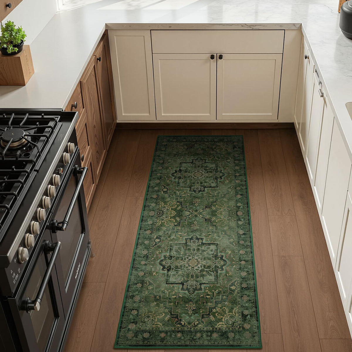 Vintage Distressed 5x7 Area Rugs for Living Room Bedroom Non Slip Washable, Medallion Pattern Printed Low Pile Thin Carpet Rugs for Dining Room/Kitchen/Home Office, Multi Brown Olive Accents