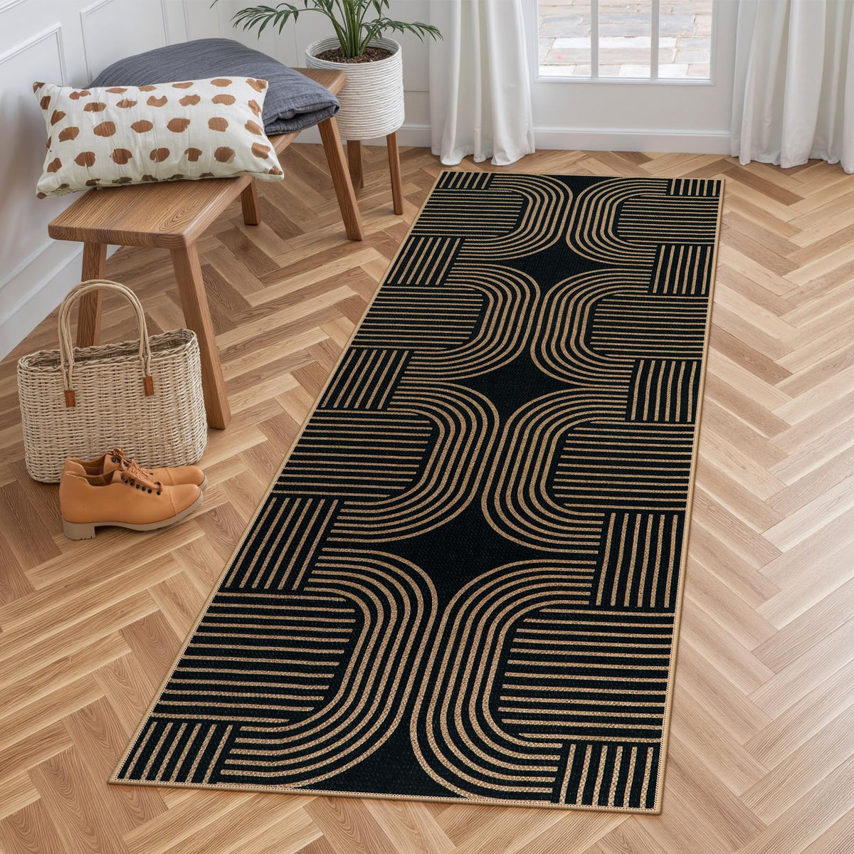 Lahome Modern Rainbow Easy Jute Carpet, Washable 5x7 Area Rugs for Living Room Patio Black Farmhouse Indoor Outdoor Rugs, Contemporary Natural Non Slip Floor Carpet for Office RV Backyard