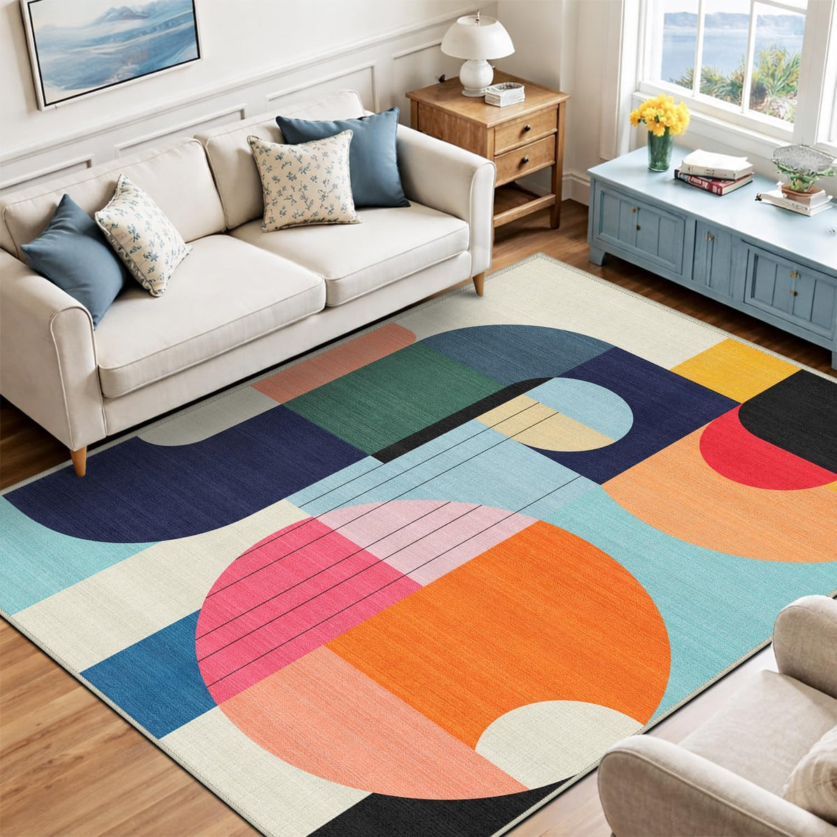 5x7 Area Rug Colorful Boho Geometric Carpet Modern Abstract Large Rug for Living Room Bedroom Machine Washable Non-Slip Rug for Dining Room Kids Playroom Office