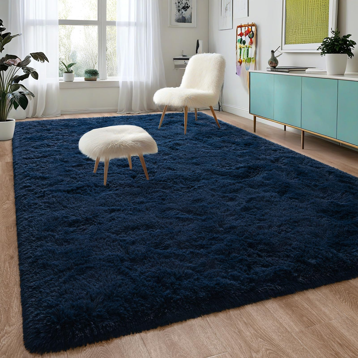 DweIke Fluffy Black White Rugs for Bedroom Living Room, 4x6 Feet Soft Plush Shaggy Cow Hide Print Girls Boys Kids Rug, Non-Slip and Machine Washable Carpet for Dorm Nursery Classroom Decor