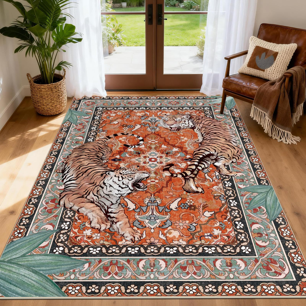Tiger Round Area Rugs for Living Room 6ft, Boho Green Animal Print Bedroom Circle Rugs Non Slip, Washable Botanical Jungle Floor Carpet for Dining Room Entryway Nursery Playroom Office Spring