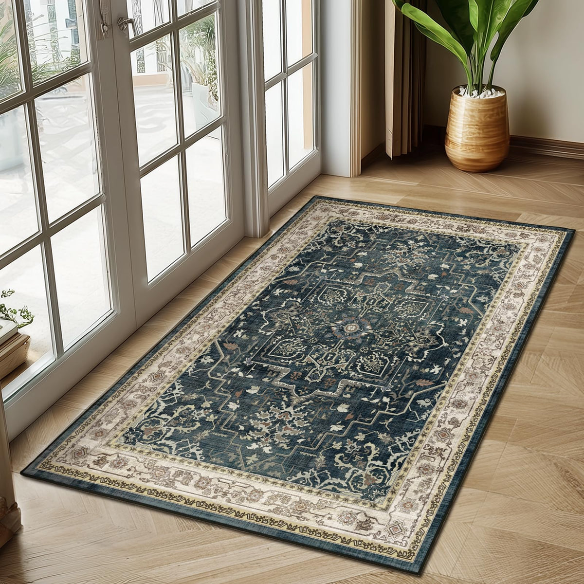 Vintage Distressed 5x7 Area Rugs for Living Room Bedroom Non Slip Washable, Medallion Pattern Printed Low Pile Thin Carpet Rugs for Dining Room/Kitchen/Home Office, Multi Brown Olive Accents