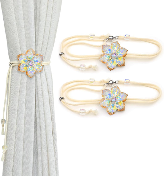 Magnetic Curtain Tiebacks, Crystal Flower Adjustable Rope Curtain Tie Backs, 2 Pack Boho Farmhouse Drapes Sheers Holdbacks for Window Home Decor (Gold)