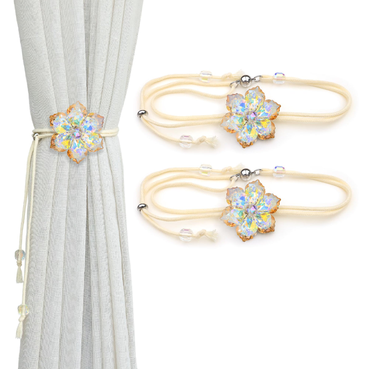 Magnetic Curtain Tiebacks, Crystal Flower Adjustable Rope Curtain Tie Backs, 2 Pack Boho Farmhouse Drapes Sheers Holdbacks for Window Home Decor (Gold)