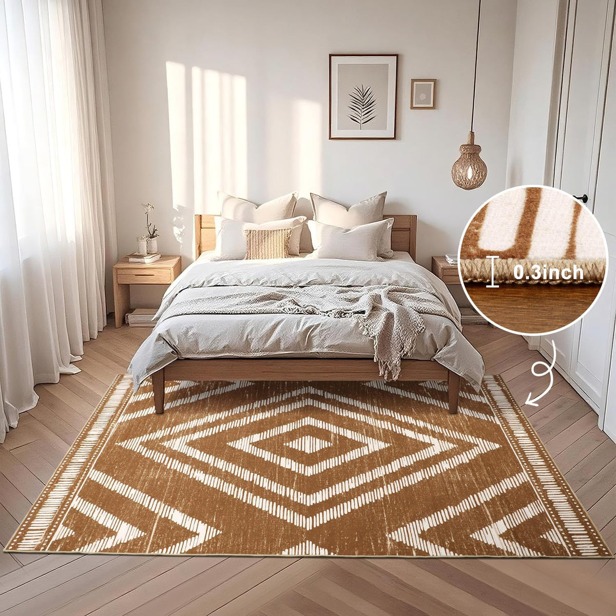 Boho Washable Rugs 5x7ft Non Slip, Low Pile Area Rug for Living Room, Brown Moroccan Bedroom Carpets, Non Shedding Soft Floor Carpet for Dining Room Bathroom Nursery Kitchen Office