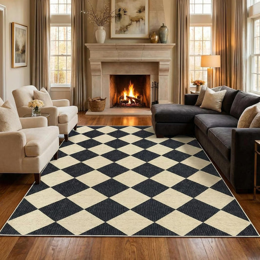 GarveeHome 5x7 Checkered Area Rug Black and Brown Washable Living Room Rug