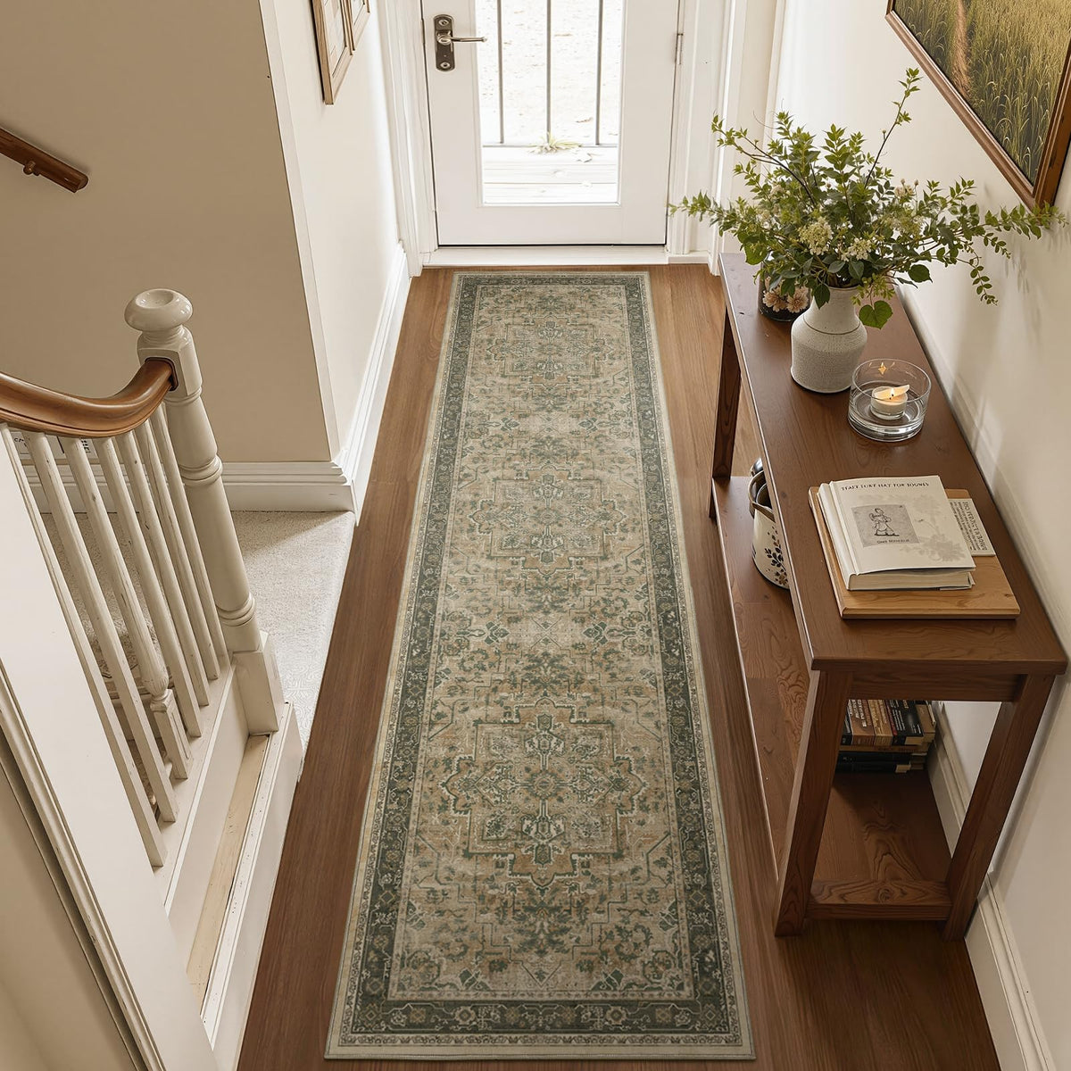 Vintage Distressed 5x7 Area Rugs for Living Room Bedroom Non Slip Washable, Medallion Pattern Printed Low Pile Thin Carpet Rugs for Dining Room/Kitchen/Home Office, Multi Brown Olive Accents