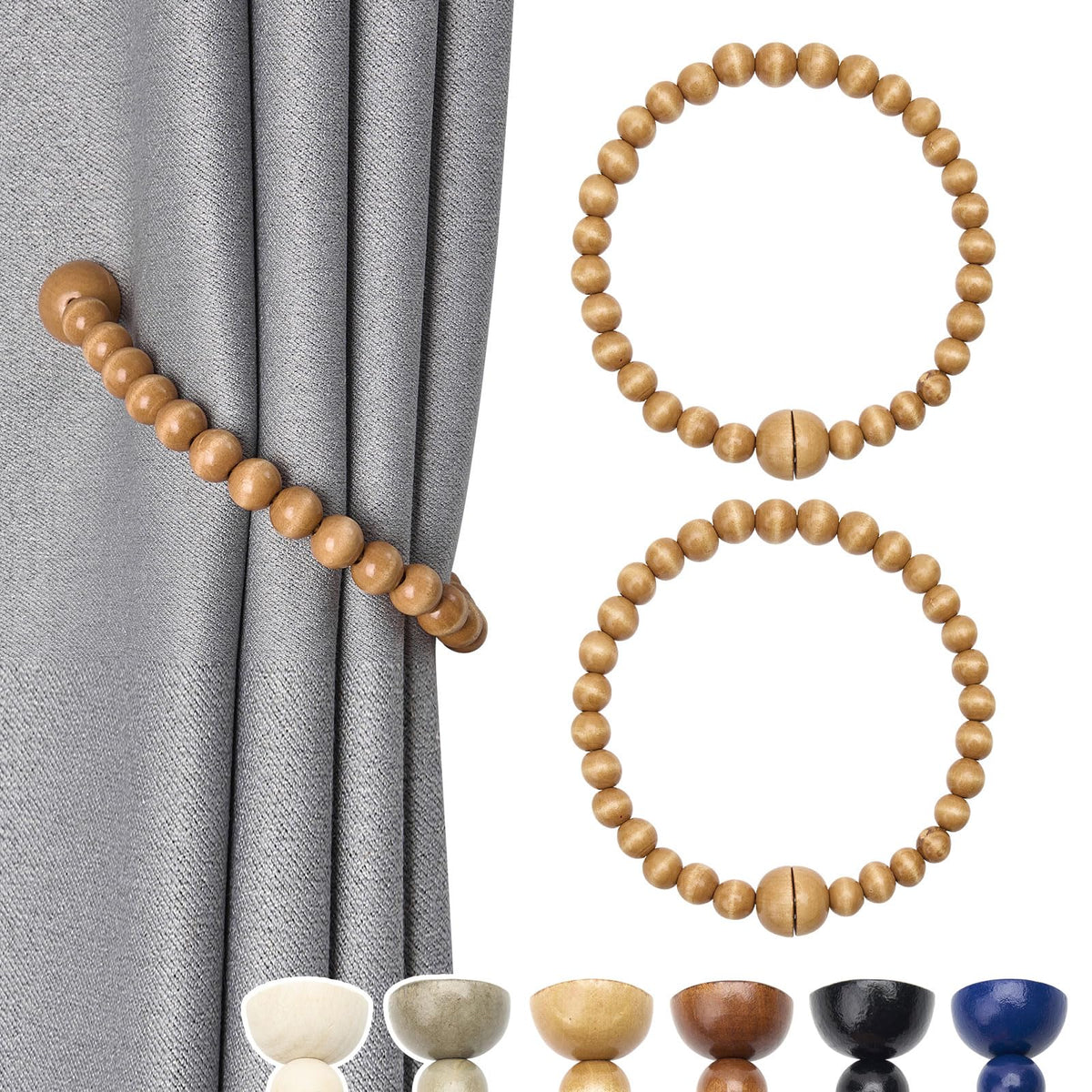 NICEEC 2 Pack Wood Bead Curtain Tiebacks Boho Farmhouse Decor Drape Tie Backs Strong Magnetic Natural Wooden Beaded Curtain Holdbacks for Home & Office Outdoor Window Draperies (Coffee)