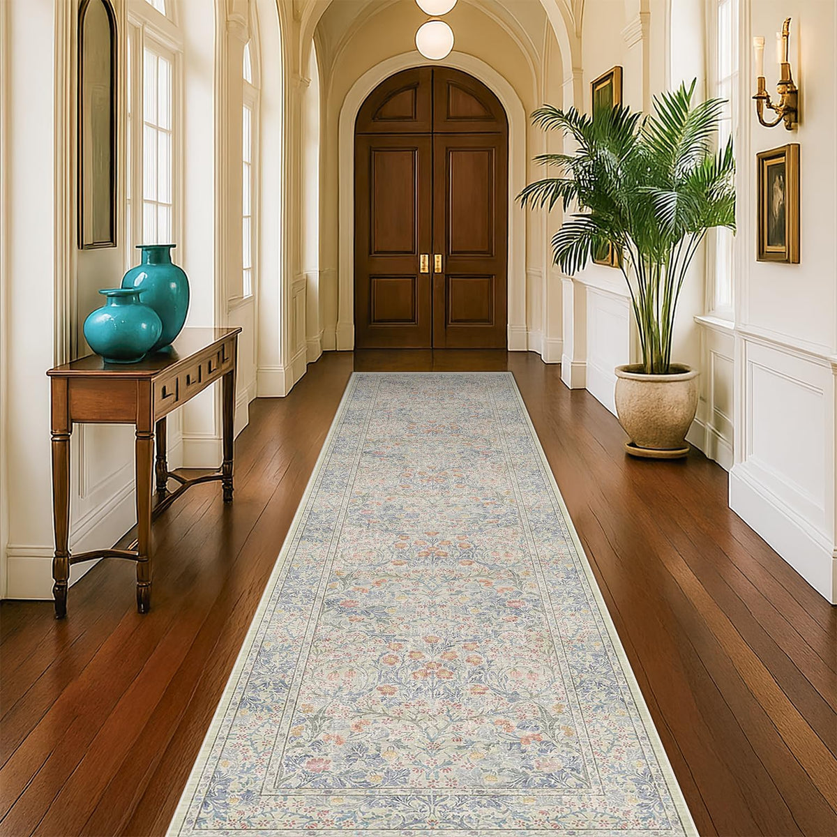 Floral Dark Green Washable Area Rugs 8x10, Vintage Living Room Rug