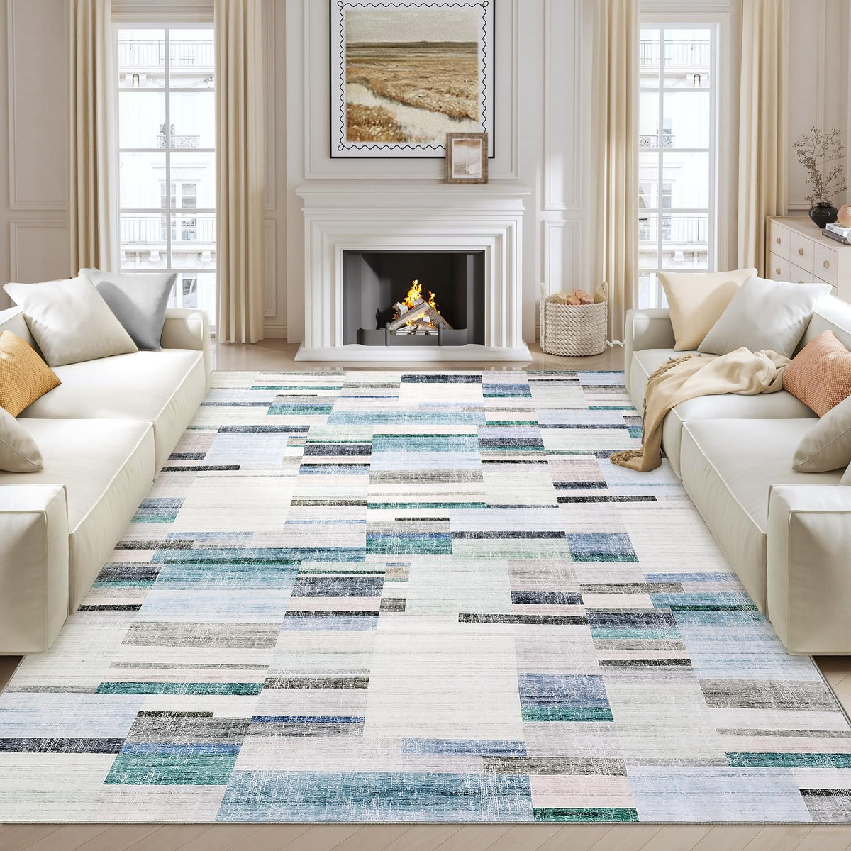 Large Living Room Rugs 8x10 Area Rugs Machine Washable Modern Geometric Neutral Rug Non Slip Low Pile Farmhouse Stain Resistant Carpet for Bedroom Nursery Classroom Dorm 8'x10' Multi