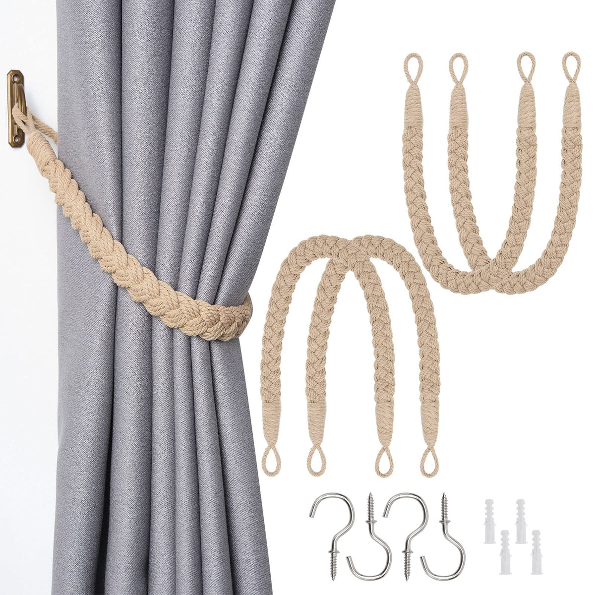 NICEEC 2 Pack Natural Cotton Rope Curtain Tiebacks Elegant Boho Style Decorative Drape Tie Backs Soft Hand-Woven Rope Curtain Holdbacks with Metal Hook for Home & Office Drapery (Coffee)
