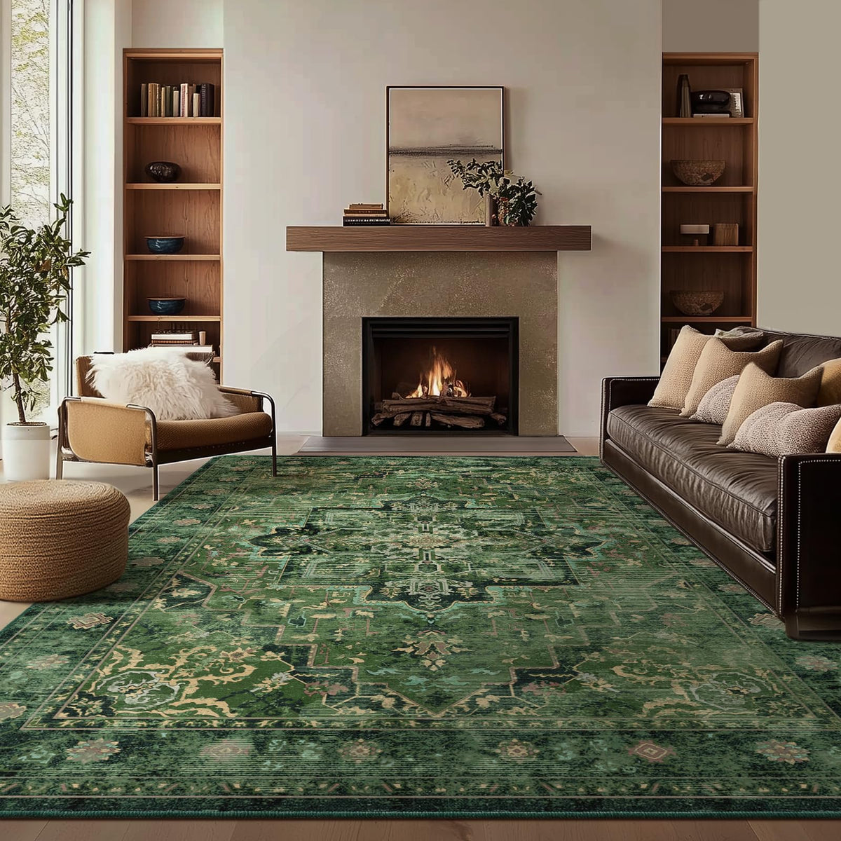 Vintage Distressed 5x7 Area Rugs for Living Room Bedroom Non Slip Washable, Medallion Pattern Printed Low Pile Thin Carpet Rugs for Dining Room/Kitchen/Home Office, Multi Brown Olive Accents