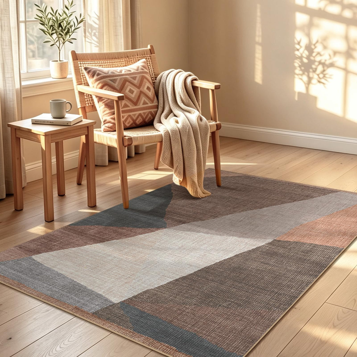 YIHOUSE Geometric Area Rug, Washable Non-Slip Low Pile, Brown, 5 x 7 ft
