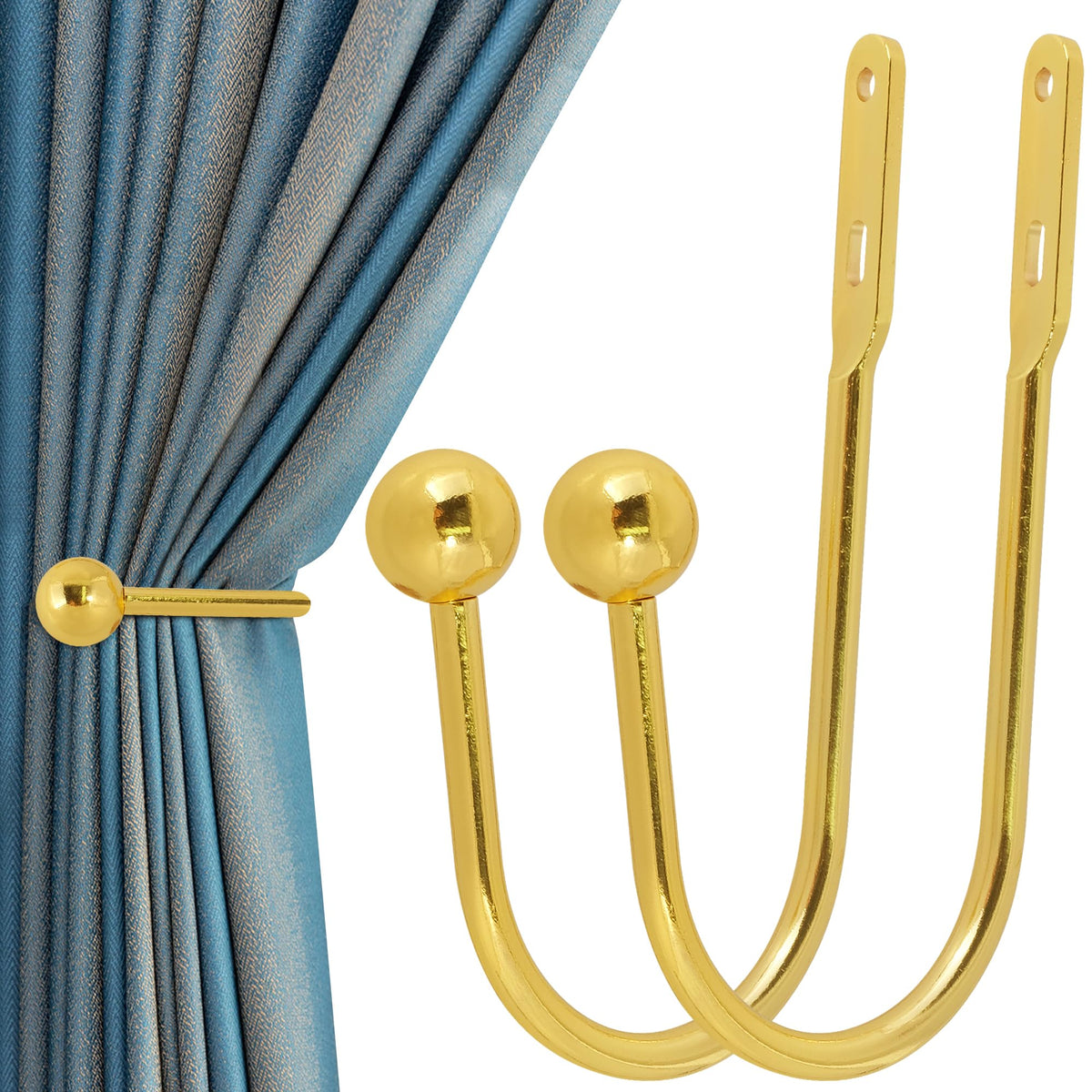 Curtain Holdback, 2 Pcs Wall Mounted Drapery Tiebacks with Screws, Heavy Duty Metal Decorative Window Drapery Holder Curtain Hook, Brass