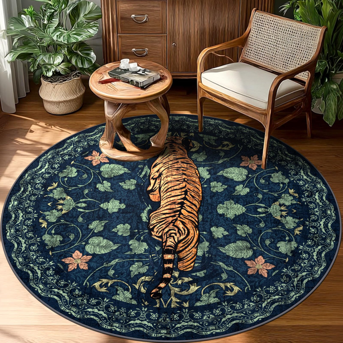 Tiger Round Area Rugs for Living Room 6ft, Boho Green Animal Print Bedroom Circle Rugs Non Slip, Washable Botanical Jungle Floor Carpet for Dining Room Entryway Nursery Playroom Office Spring