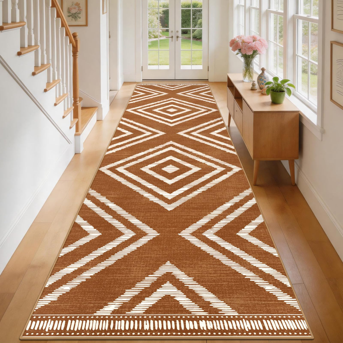 Boho Washable Rugs 5x7ft Non Slip, Low Pile Area Rug for Living Room, Brown Moroccan Bedroom Carpets, Non Shedding Soft Floor Carpet for Dining Room Bathroom Nursery Kitchen Office