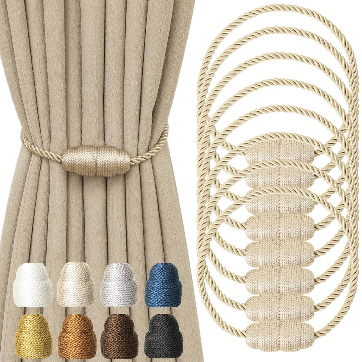 Magnetic Curtain Tiebacks Rope Curtain Tie Backs for Curtains 6 Pack Curtain Holders for Drapes Decorative Window Curtain Holdbacks, Gold