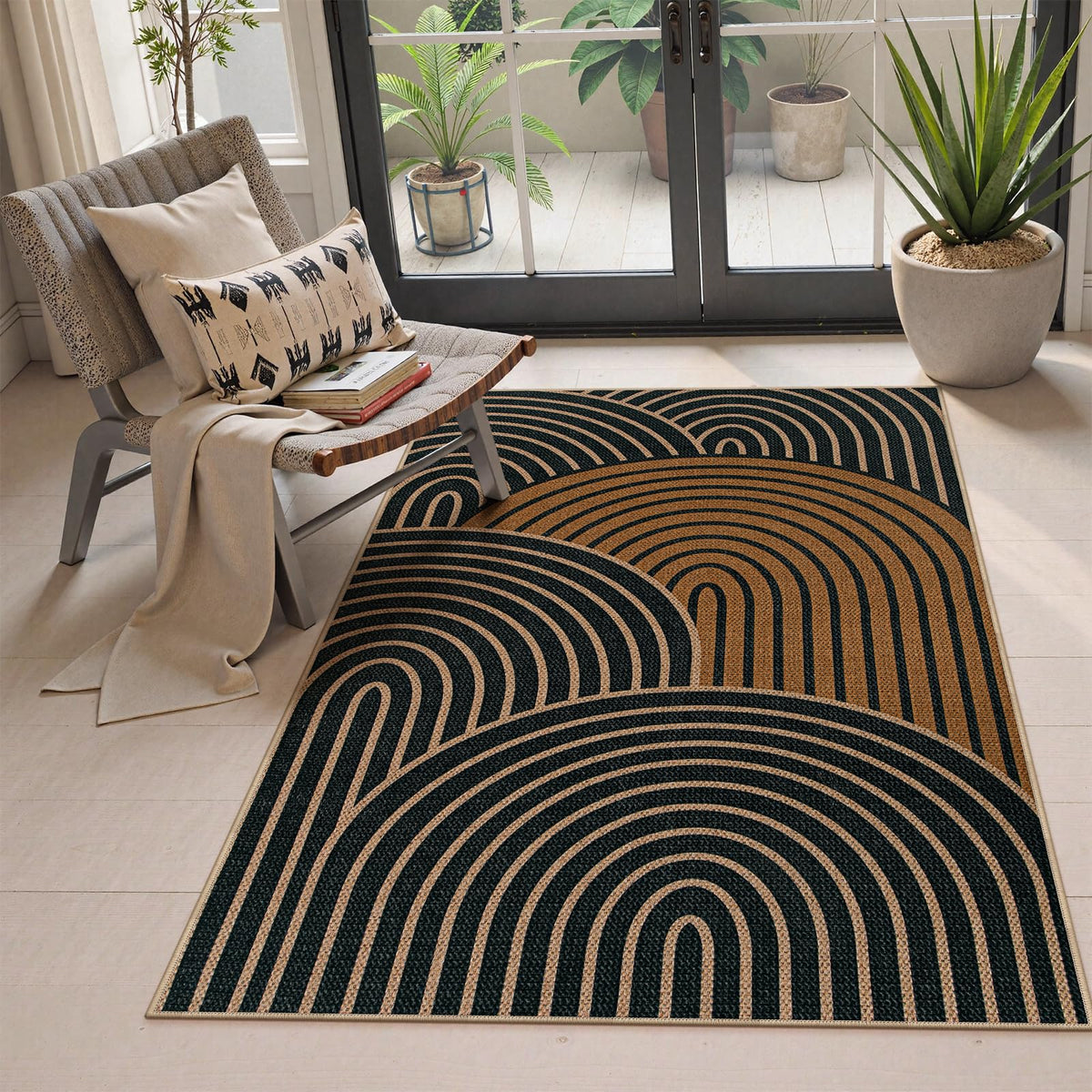 Lahome Modern Rainbow Easy Jute Carpet, Washable 5x7 Area Rugs for Living Room Patio Black Farmhouse Indoor Outdoor Rugs, Contemporary Natural Non Slip Floor Carpet for Office RV Backyard