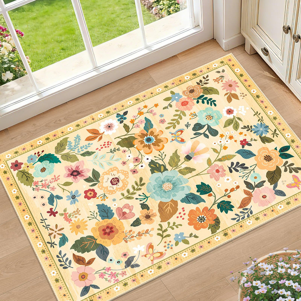 RELEANY Floral Washable 5x7 Area Rugs Black