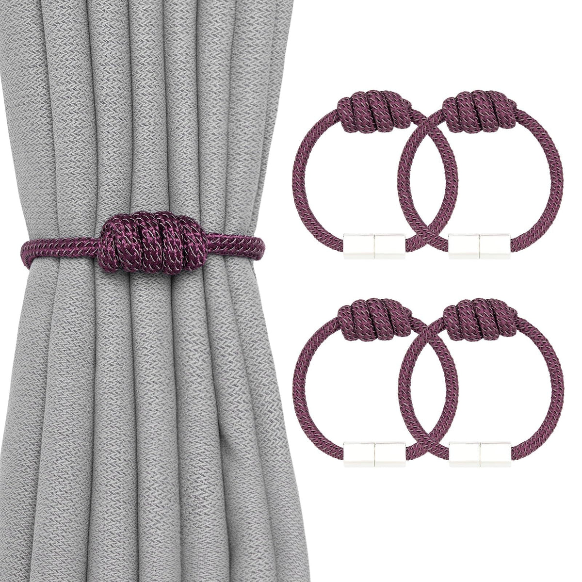 NICEEC 2 Pack Mini Magnetic Curtain Tiebacks Modern Simple Style Drape Tie Backs Elegant Hand Weave Rope Knot Decorative Curtain Holdbacks for Home & Office Window Drapery (Dark Grey)