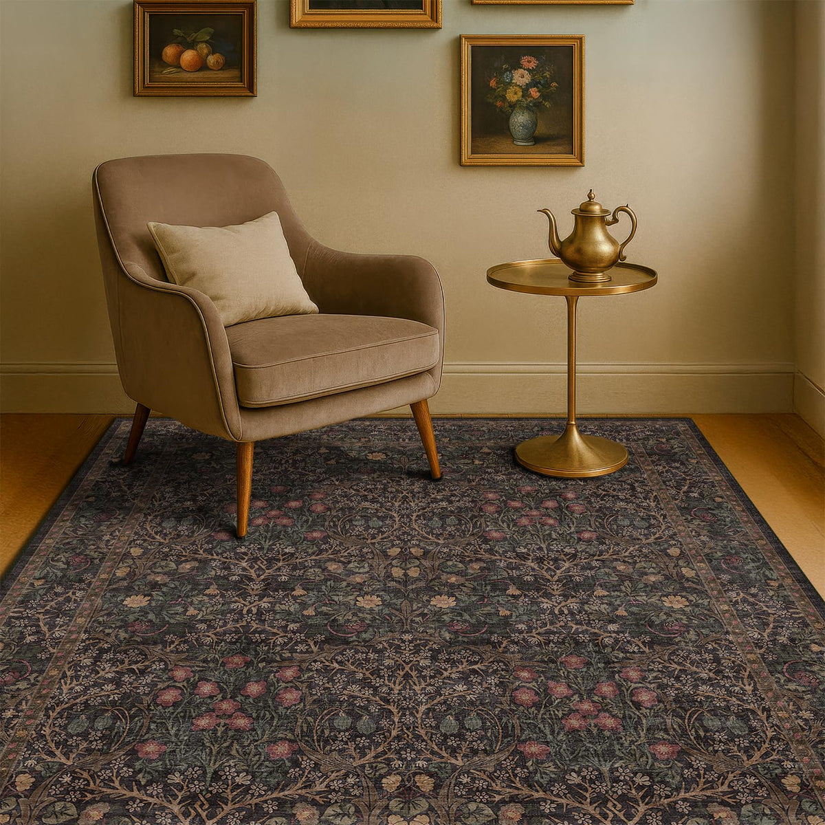 Floral Dark Green Washable Area Rugs 8x10, Vintage Living Room Rug