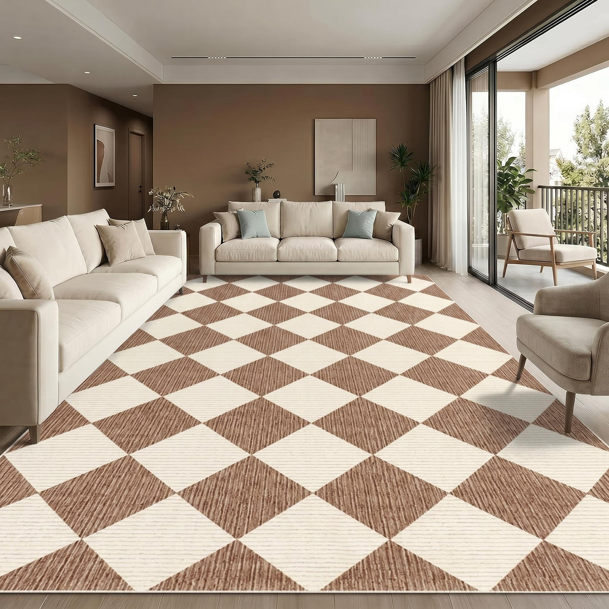 GarveeHome 5x7 Checkered Area Rug Black and Brown Washable Living Room Rug