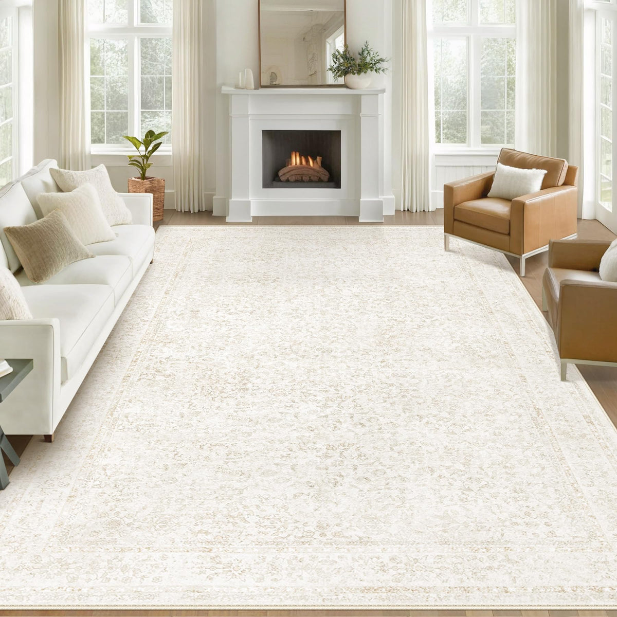 Bedroom Rug Washable Large Area Rugs Foldable Low Pile Print Non Slip Boho Patterned Rugs for Bedroom Living Room Dining Home Office (Floral Beige, 5'x7')