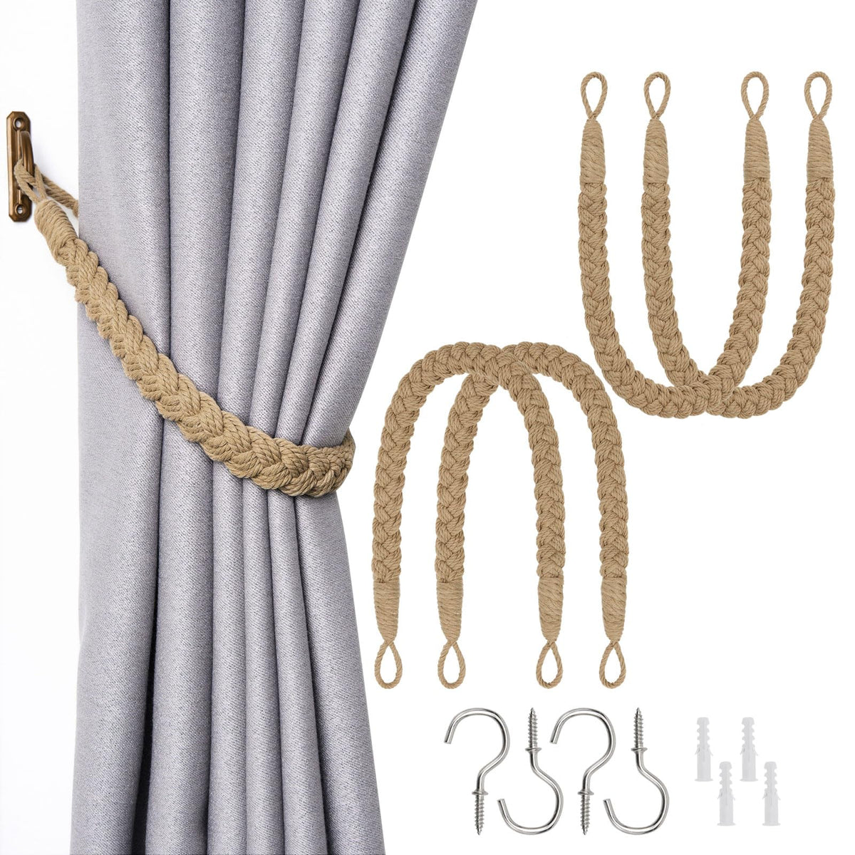 NICEEC 2 Pack Natural Cotton Rope Curtain Tiebacks Elegant Boho Style Decorative Drape Tie Backs Soft Hand-Woven Rope Curtain Holdbacks with Metal Hook for Home & Office Drapery (Coffee)