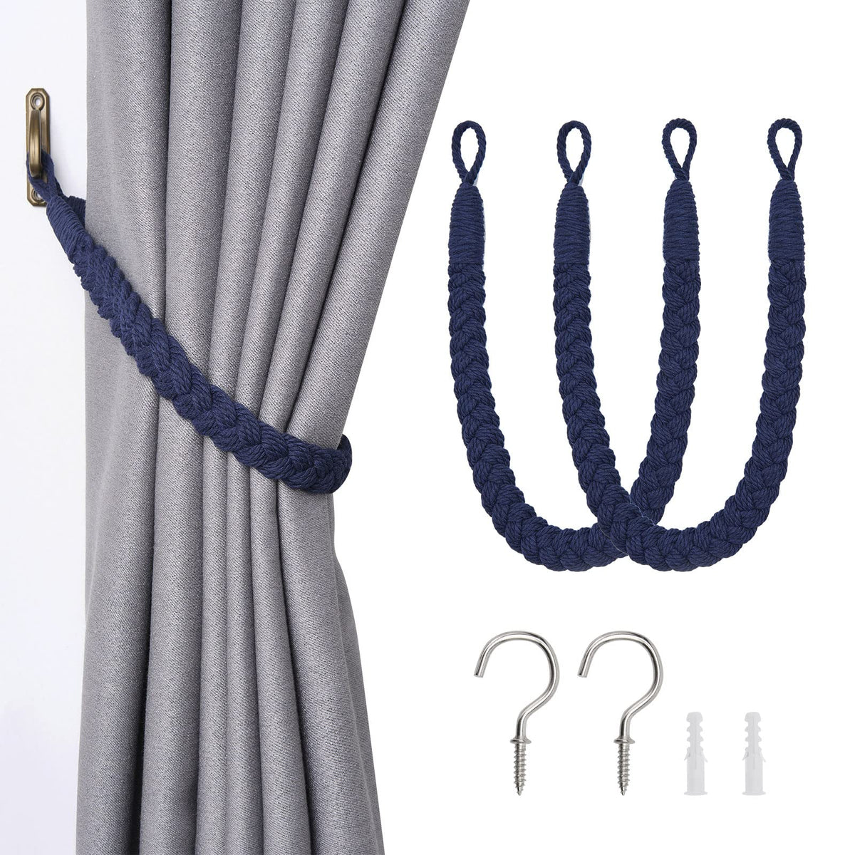 NICEEC 2 Pack Natural Cotton Rope Curtain Tiebacks Elegant Boho Style Decorative Drape Tie Backs Soft Hand-Woven Rope Curtain Holdbacks with Metal Hook for Home & Office Drapery (Coffee)