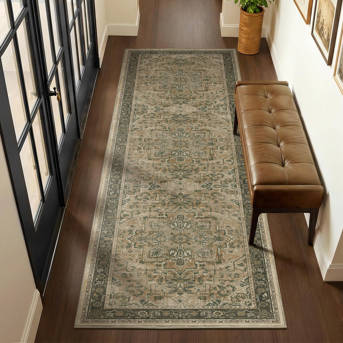 Vintage Distressed 5x7 Area Rugs for Living Room Bedroom Non Slip Washable, Medallion Pattern Printed Low Pile Thin Carpet Rugs for Dining Room/Kitchen/Home Office, Multi Brown Olive Accents