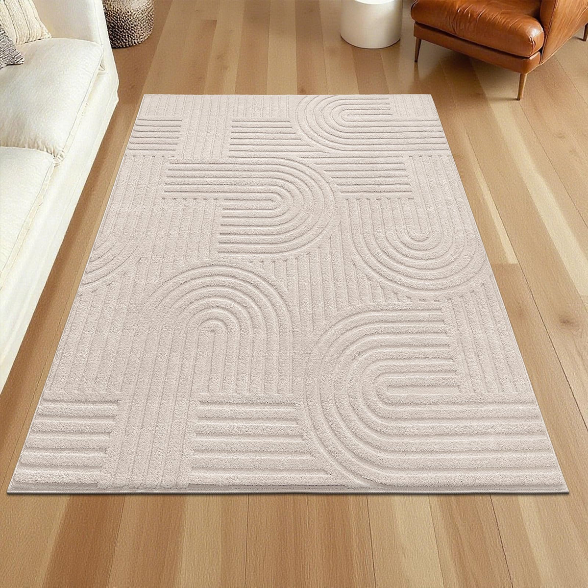 SHACOS Soft Cozy Fluffy Arch Pattern High-Low Pile Textured Area Rug 5'3"x7'3" Non Slip Washable Modern Geometric Rug Stain Resistant Contemporary Carpet for Living Room Bedroom Dining Room, Beige
