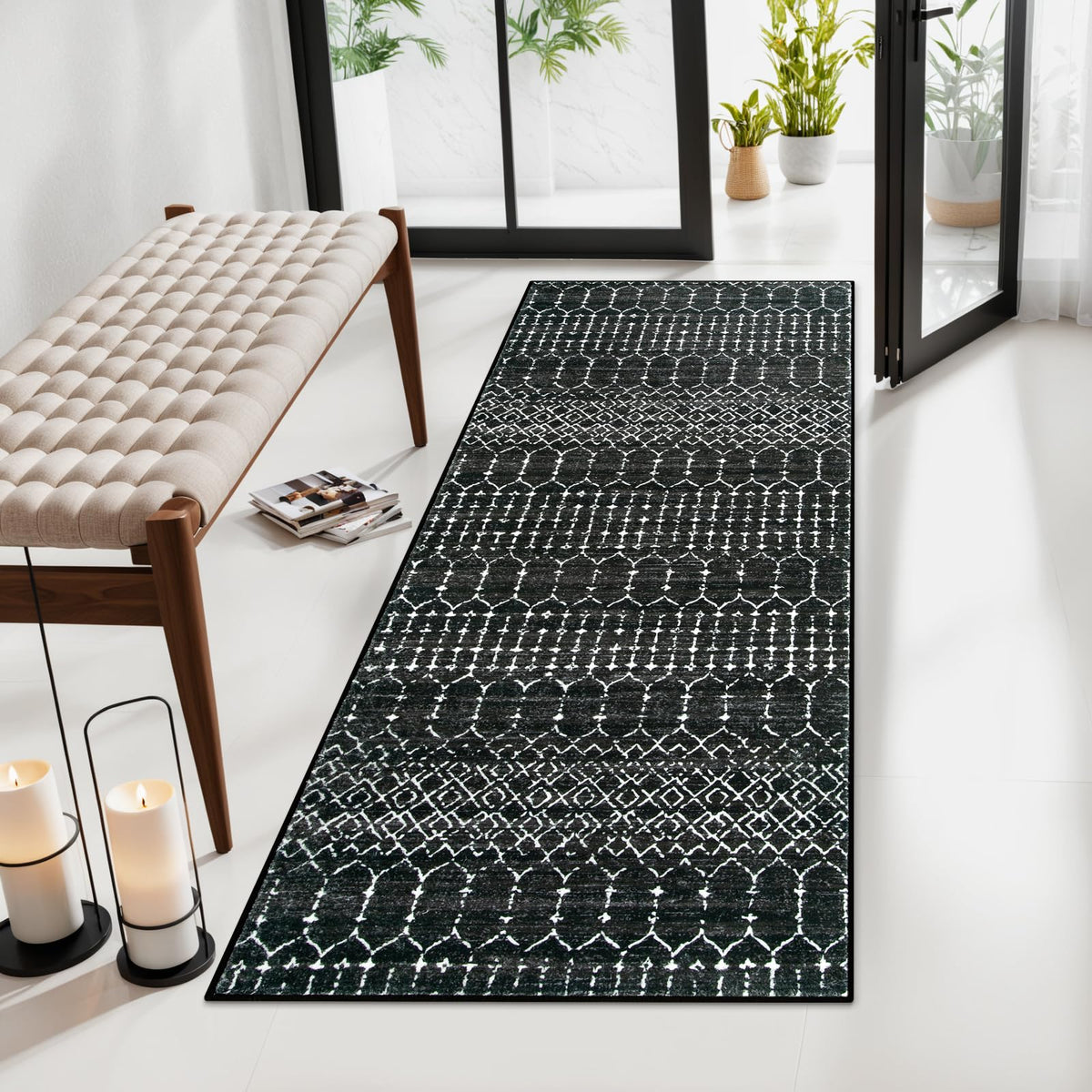 Lahome Moroccan Black Area Rug for Living Room 3x5 Non-Slip Washable Stain Resistant Large Kitchen Rugs Throw Low-Profile Soft Bedroom Carpet Geometric Print Rug for Entryway Dining Room Hana