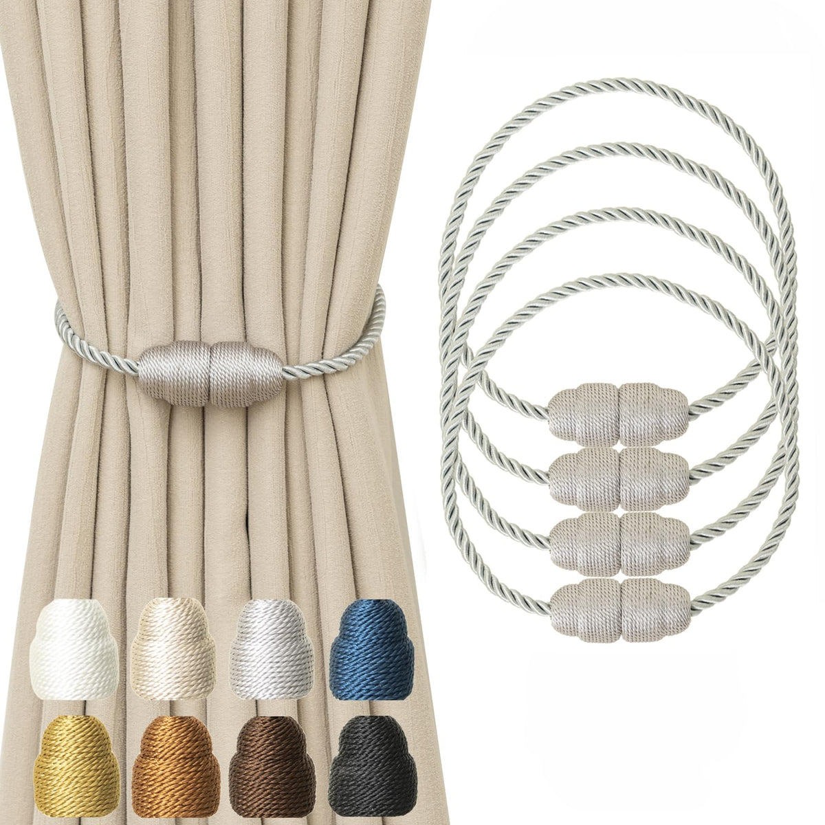 Magnetic Curtain Tiebacks Rope Curtain Tie Backs for Curtains 6 Pack Curtain Holders for Drapes Decorative Window Curtain Holdbacks, Gold