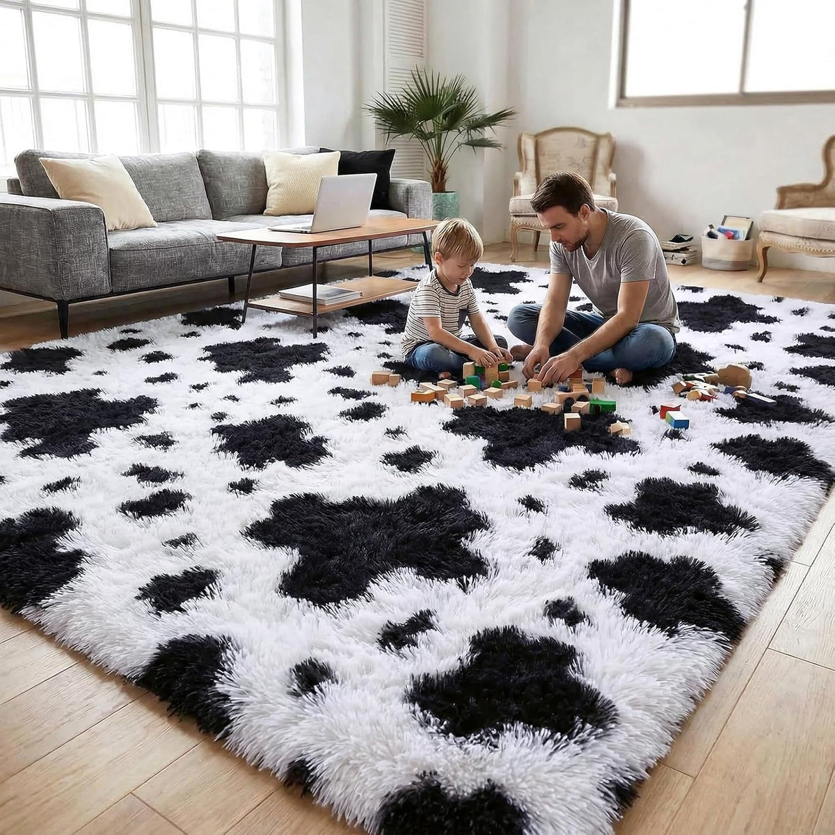 DweIke Fluffy Black White Rugs for Bedroom Living Room, 4x6 Feet Soft Plush Shaggy Cow Hide Print Girls Boys Kids Rug, Non-Slip and Machine Washable Carpet for Dorm Nursery Classroom Decor