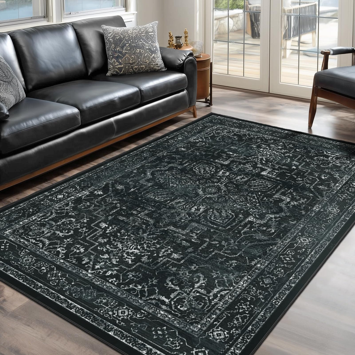 Vintage Distressed 5x7 Area Rugs for Living Room Bedroom Non Slip Washable, Medallion Pattern Printed Low Pile Thin Carpet Rugs for Dining Room/Kitchen/Home Office, Multi Brown Olive Accents