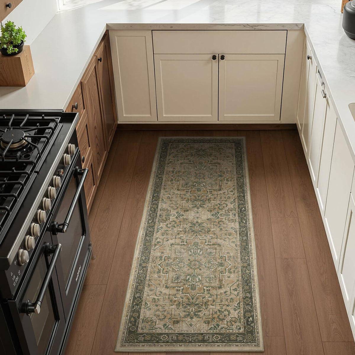 Vintage Distressed 5x7 Area Rugs for Living Room Bedroom Non Slip Washable, Medallion Pattern Printed Low Pile Thin Carpet Rugs for Dining Room/Kitchen/Home Office, Multi Brown Olive Accents