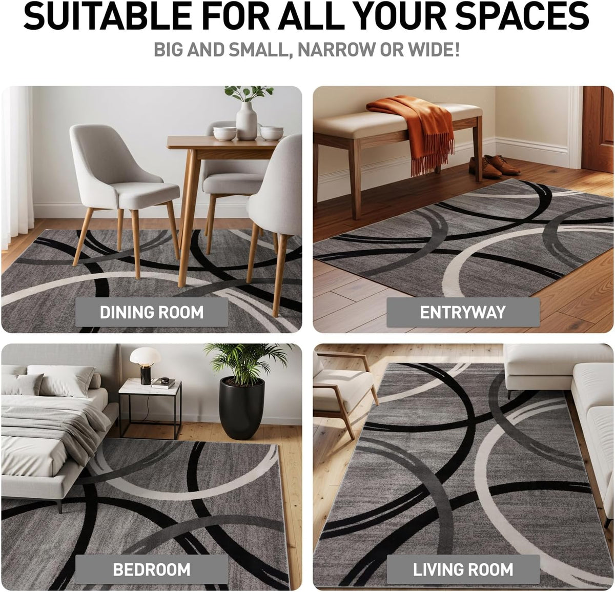 Rugshop Wavy Circles Fade-Resistant Living Room Area Rug Gray 5'3" x 7'3"