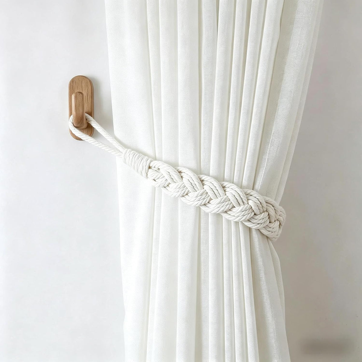 Home Queen Hand Braided Curtain Tieback, Buckle Holdback Drapery Curtain Tie Back, 2 Rope Cotton Belt Curtain Tie with 2 Metal Hooks, White