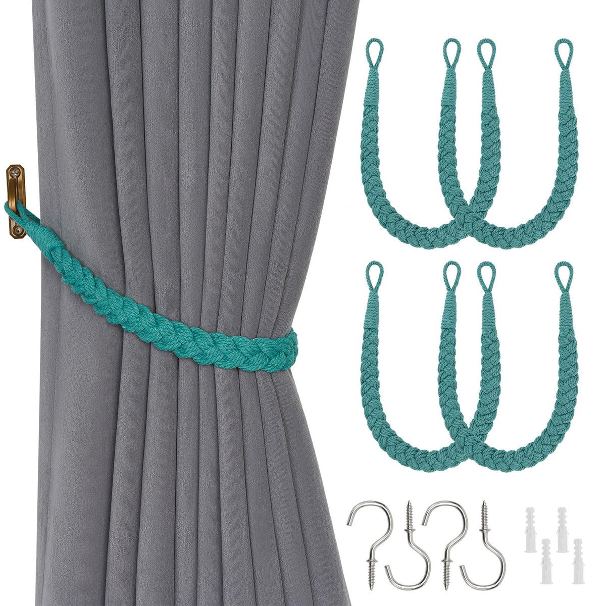 NICEEC 2 Pack Natural Cotton Rope Curtain Tiebacks Elegant Boho Style Decorative Drape Tie Backs Soft Hand-Woven Rope Curtain Holdbacks with Metal Hook for Home & Office Drapery (Coffee)