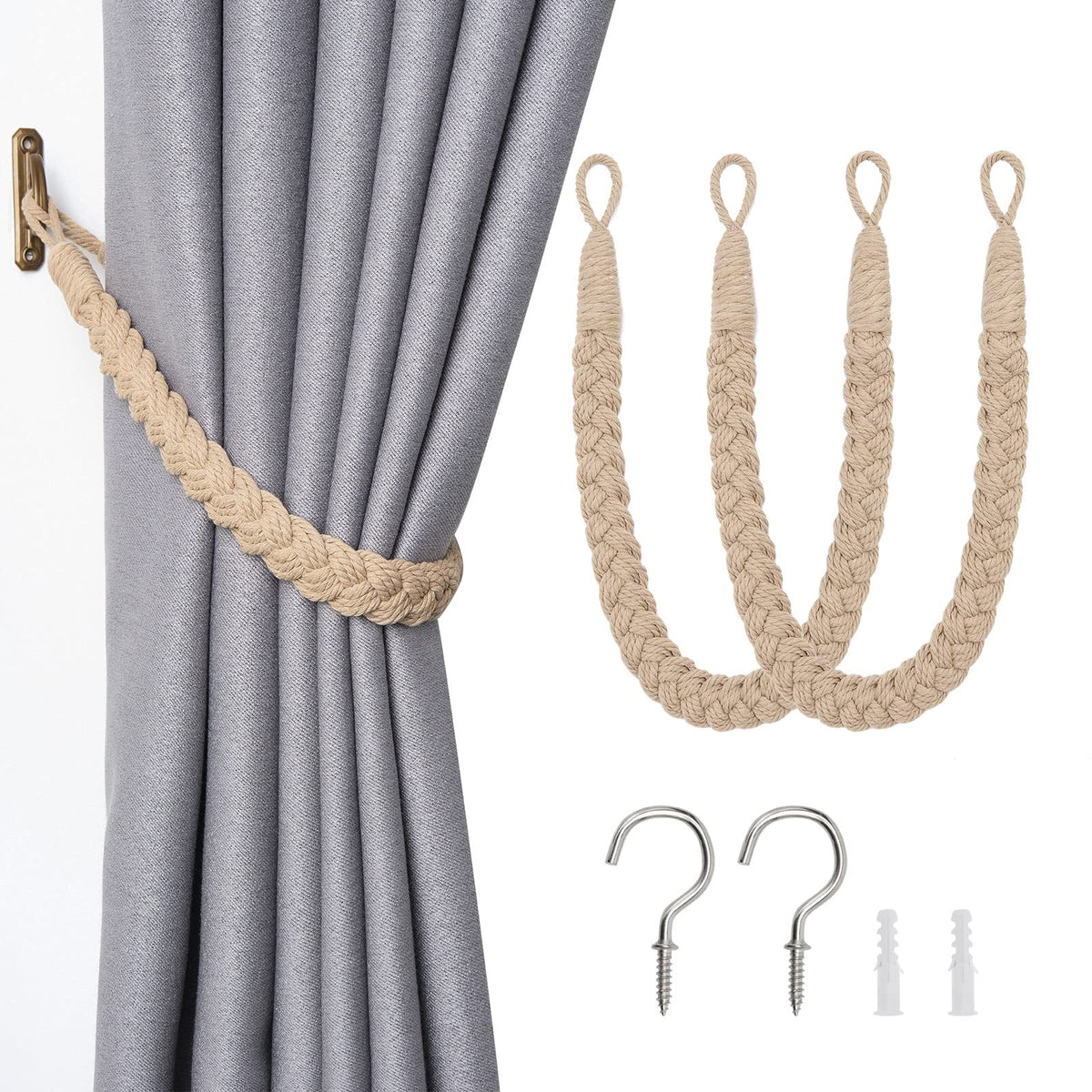 NICEEC 2 Pack Natural Cotton Rope Curtain Tiebacks Elegant Boho Style Decorative Drape Tie Backs Soft Hand-Woven Rope Curtain Holdbacks with Metal Hook for Home & Office Drapery (Coffee)