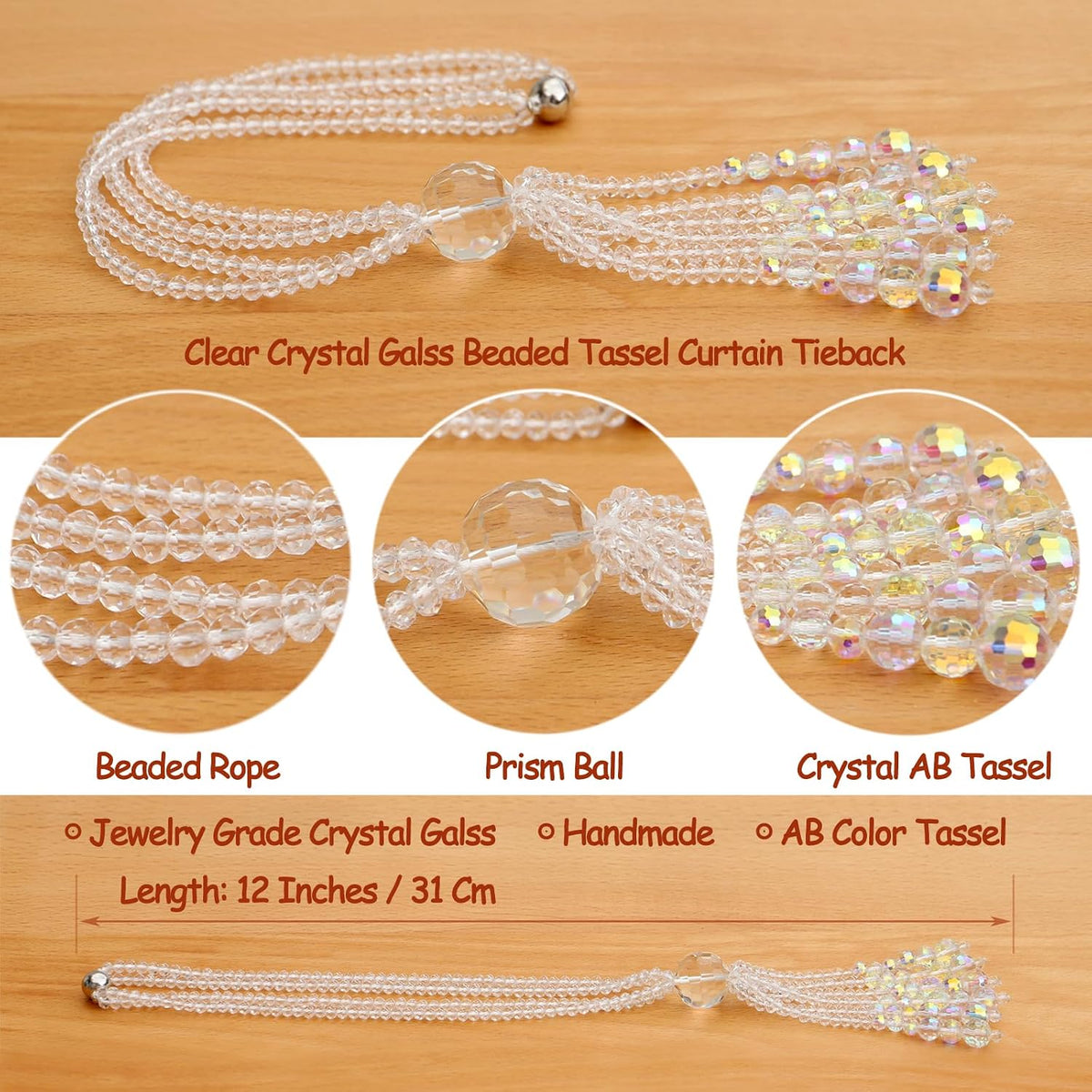 PEDOBO Magnetic Curtain Tiebacks, 2 Pack Crystal Beaded Tassel Sheer/Drapery Curtain Holdbacks, Boho Hanging Decor for Farmhouse Home Office (Crystal AB)