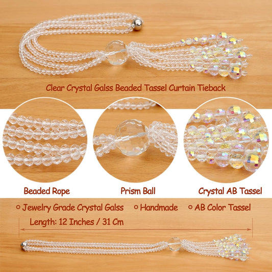 PEDOBO Magnetic Curtain Tiebacks, 2 Pack Crystal Beaded Tassel Sheer/Drapery Curtain Holdbacks, Boho Hanging Decor for Farmhouse Home Office (Crystal AB)