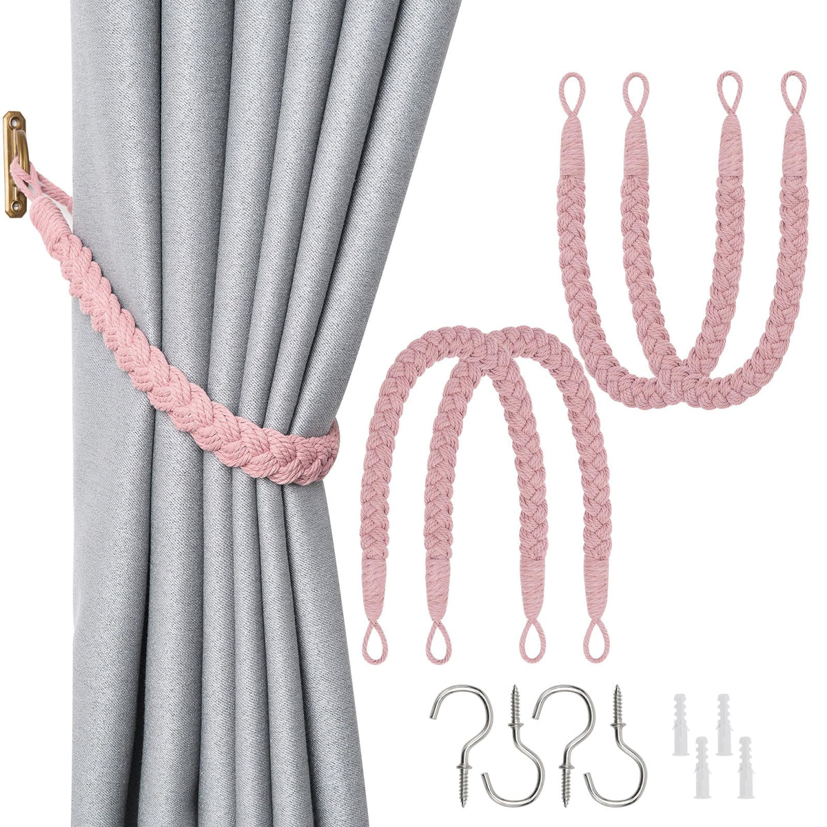 NICEEC 2 Pack Natural Cotton Rope Curtain Tiebacks Elegant Boho Style Decorative Drape Tie Backs Soft Hand-Woven Rope Curtain Holdbacks with Metal Hook for Home & Office Drapery (Coffee)