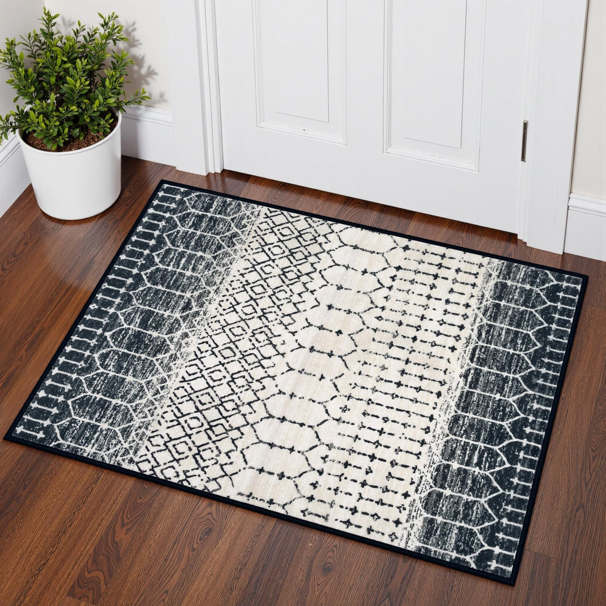 Lahome Moroccan Black Area Rug for Living Room 3x5 Non-Slip Washable Stain Resistant Large Kitchen Rugs Throw Low-Profile Soft Bedroom Carpet Geometric Print Rug for Entryway Dining Room Hana