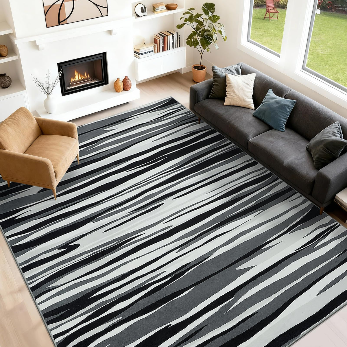 YIHOUSE Neutral Ultra Soft Area Rugs for Bedroom 5x7, Beige Geometric Rug with Triangular Patterns, Comfortable Plain Area Rug for Bedroom, Japandi Washable Rugs for Living Room
