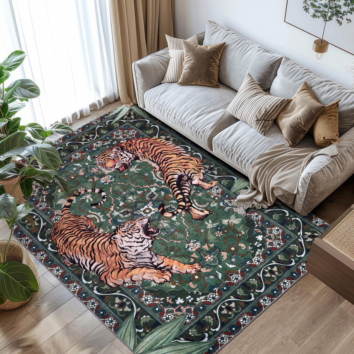 Tiger Round Area Rugs for Living Room 6ft, Boho Green Animal Print Bedroom Circle Rugs Non Slip, Washable Botanical Jungle Floor Carpet for Dining Room Entryway Nursery Playroom Office Spring