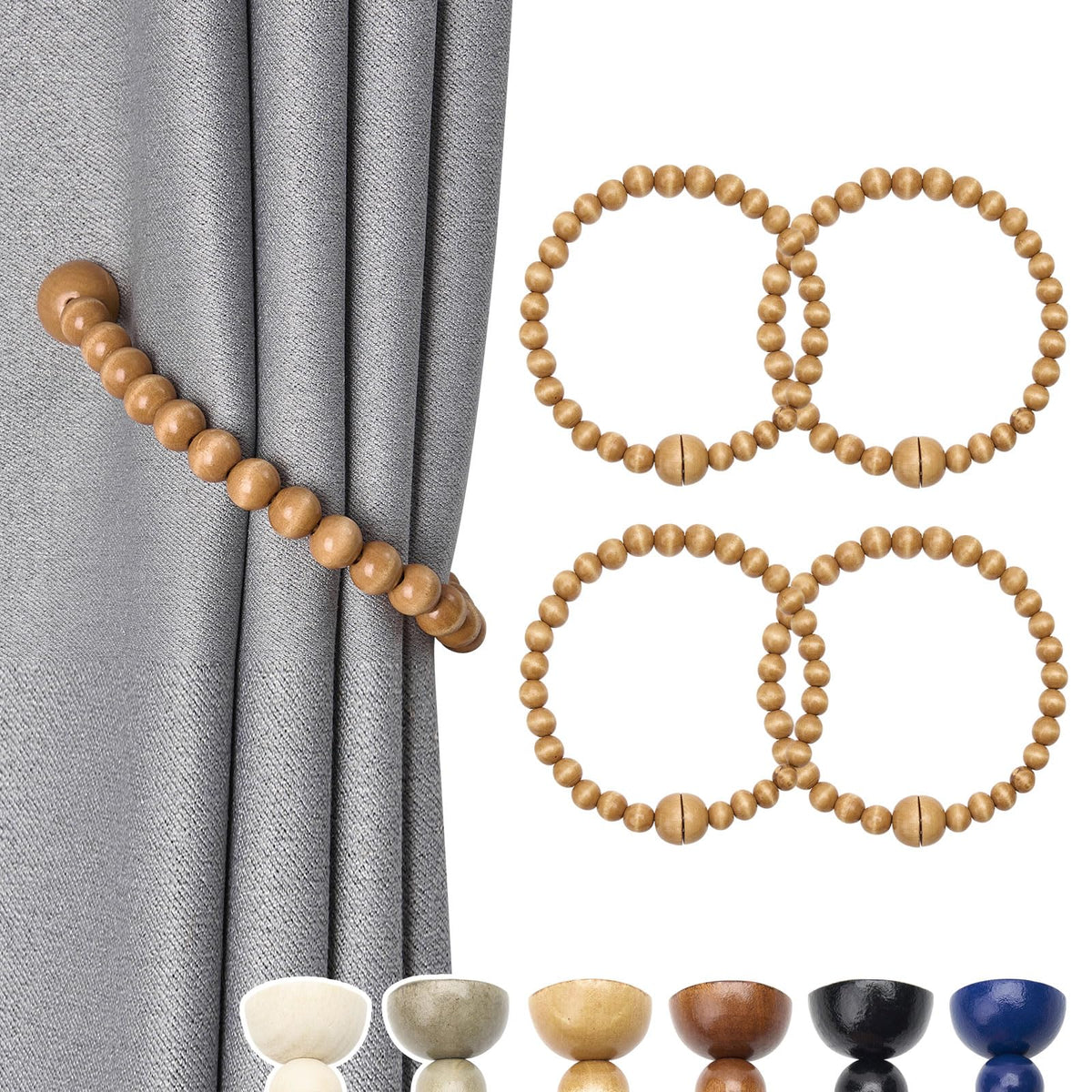 NICEEC 2 Pack Wood Bead Curtain Tiebacks Boho Farmhouse Decor Drape Tie Backs Strong Magnetic Natural Wooden Beaded Curtain Holdbacks for Home & Office Outdoor Window Draperies (Coffee)
