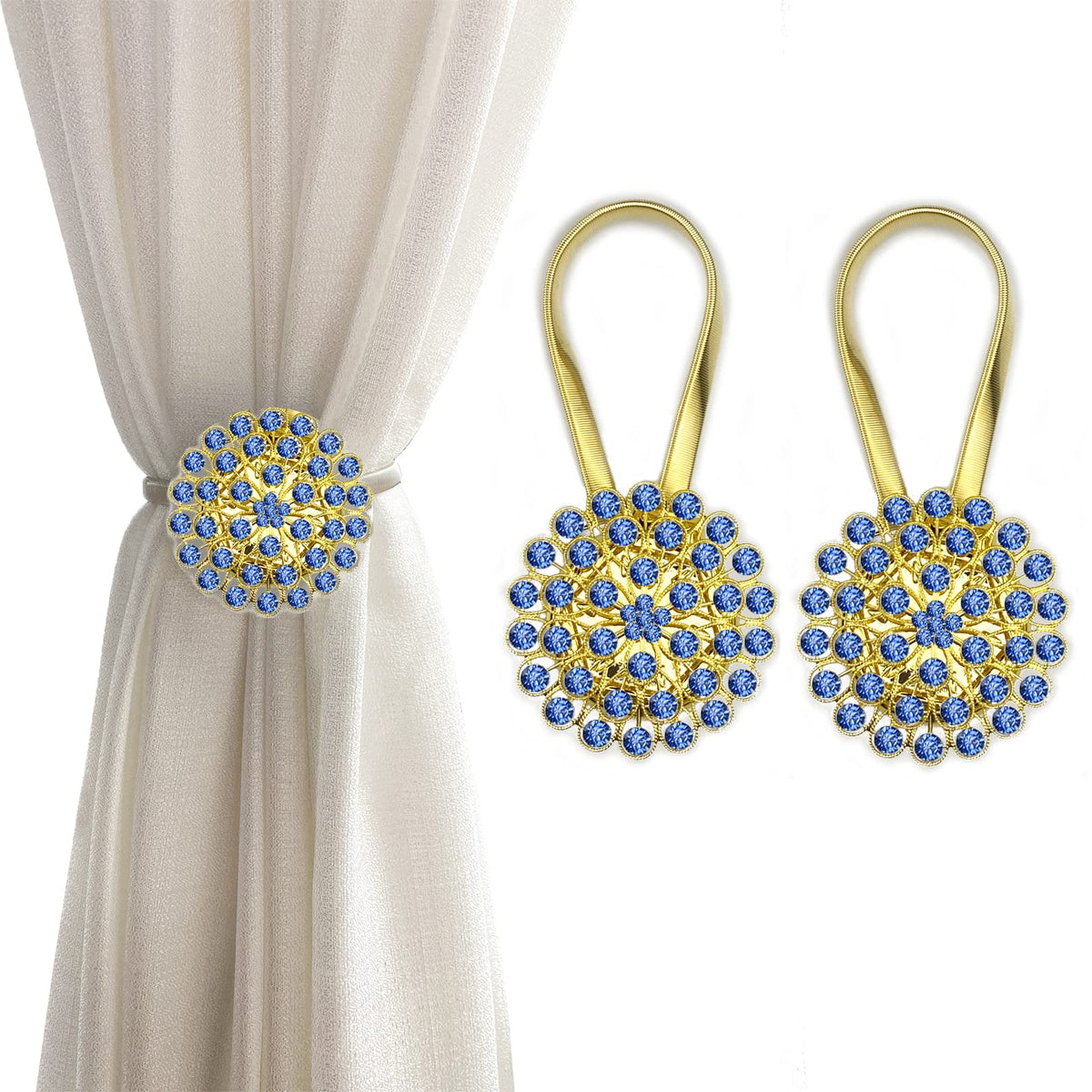 Magnetic Tiebacks for Curtains, 2 Pack Sparkling Crystal Flower Curtain Tiebacks Curtain Buckle Clips with High-Elastic Spring Wire for Home Office Decoration (White)