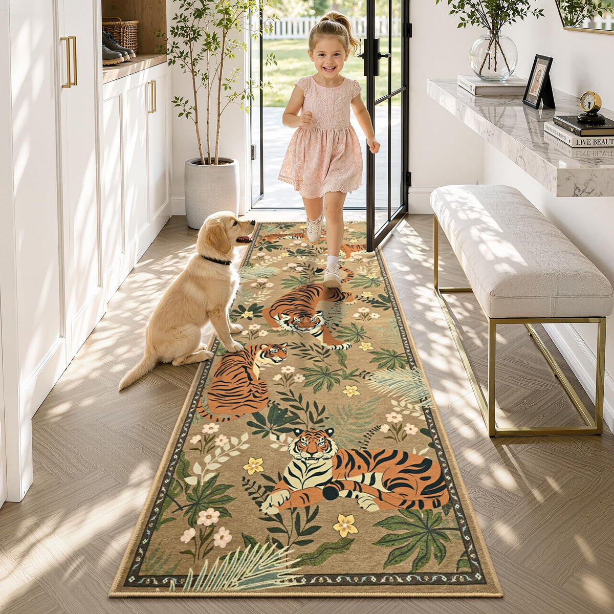Zentavio Tiger Area Rug 6x9, Vintage Safari Animal Print Rug, Washable Non Slip Boho Camel Carpet for Living Room Bedroom