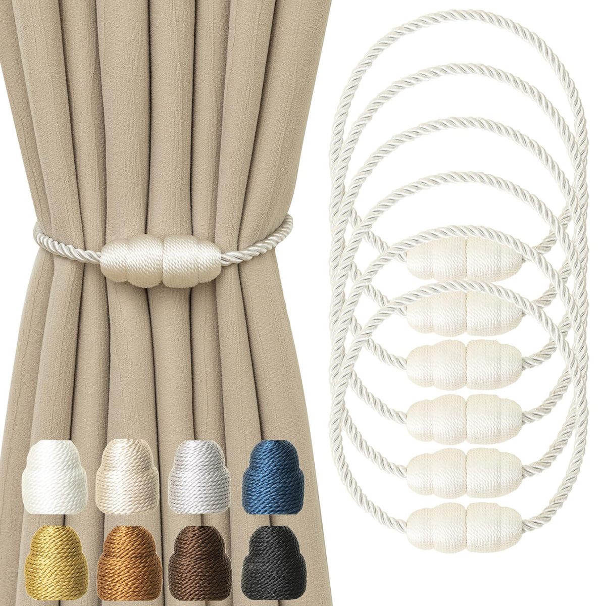 Magnetic Curtain Tiebacks Rope Curtain Tie Backs for Curtains 6 Pack Curtain Holders for Drapes Decorative Window Curtain Holdbacks, Gold